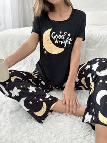 Star And Moon Print Short Sleeve And Long Pants Pajama Set - Black - View 5