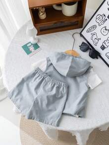 SHEIN 夏季寶寶男女通用時尚可愛連帽背心、T恤和短褲3件套裝 - 彩色 - 查看 2