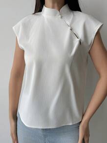 Firerie 大码优雅通勤新款中式立领无袖衬衫，落肩荷叶袖设计，纽扣闭合，白色 - 白色 - 查看 3