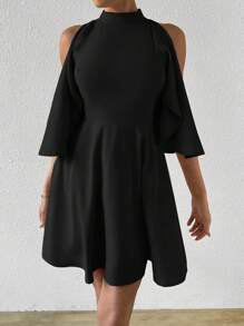 SHEIN Privé Women's Cold Shoulder Batwing Sleeve Loose A-Line Dress With Neck Strap, Suitable For Wedding And Holiday - Black - View 3