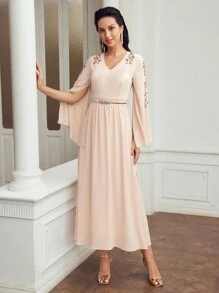 MOTF PREMIUM V-NECK CONTRAST SEQUIN BELL SLEEVE DRESS - Apricot - View 6