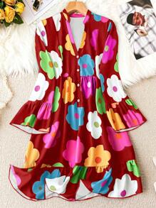 SHEIN LUNE Women Floral Print Notched Neck Flare Sleeve Dress - Burgundy - View 5