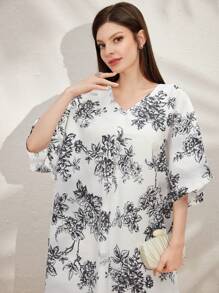 Al Najma 夏季花卉全印花蝙蝠袖長裙 - 黑與白 - 查看 4