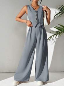 Rafferiza Spring/Summer Versatile Solid Color Short Vest And Pleated Wide Leg Pants Suit, Casual/Street Style/Office Wear - Grey - View 5