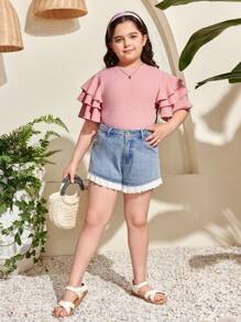 SHEIN Tween Girl Extended Size Loose Casual 3-Layer Ruffled Texture Knitted Round Neck T-Shirt