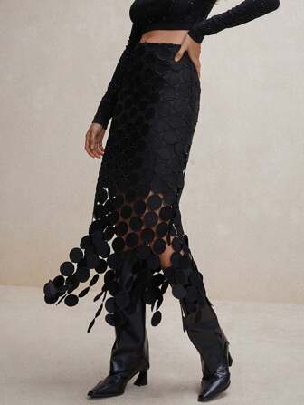 Anewsta Laser Cut Multi Circle Double Layered Skirt Maxi Women Outfit