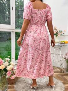 SHEIN LUNE 大码波西米亚风短袖花卉印花开叉浪漫假日连衣裙夏季女装 - 粉色 - 查看 2