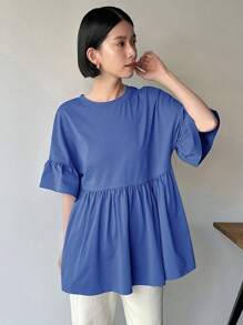 FRIFUL Áo thun ngắn tay cổ tròn viền bèo màu trơn mùa hè dành cho nữ - Xanh đậm - Xem 3