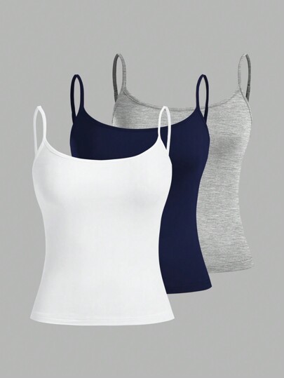 SHEIN EZwear 3pcs/Set Women Casual Spaghetti Strap Tight Fitting Cami Top Suitable For Summer Back To School