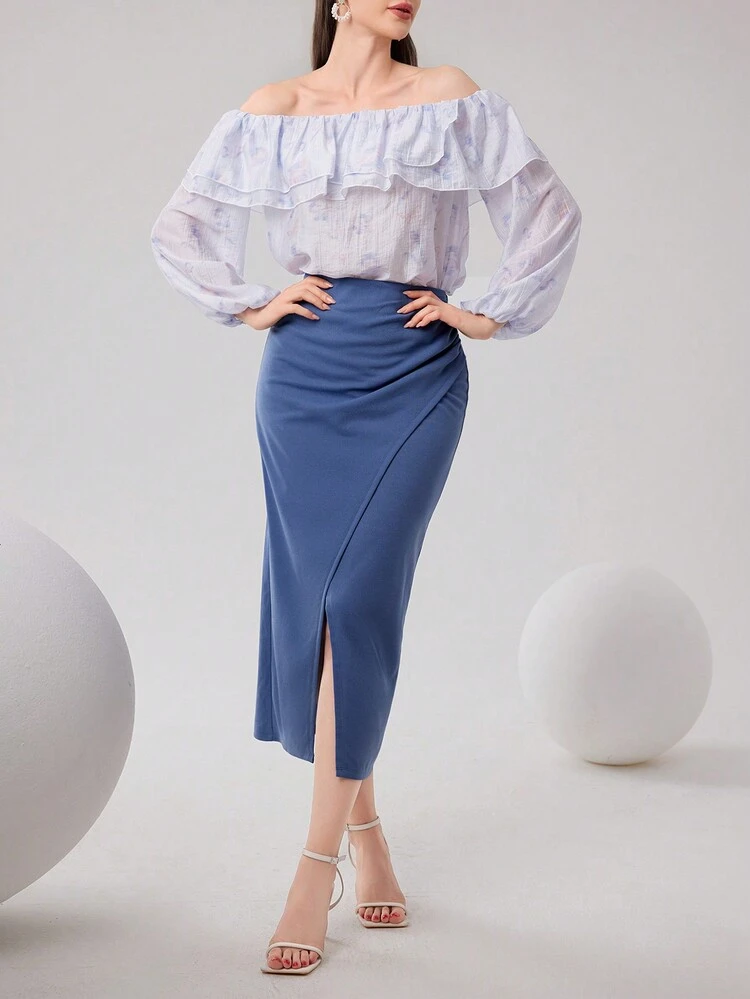 Women's Ruffle Casual Long Sleeve Top And Solid Color Skirt Two-Piece Set 2 Pieces Set