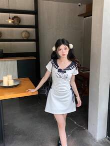 女士時尚雙天鵝海軍裝裙子 - 白色 - 查看 3