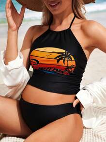 SHEIN Maternity Summer Beach Neck-Hanging Contrast Graphic Printed Top And Triangle Bottom Tankini Set, Maternity Bathing Suit - Black - View 5