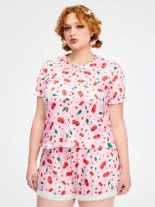 ROMWE Kawaii Plus Size Cherry Print Collar Turn-Down Neckline Puff Sleeve Comfortable Homewear Pajamas Set - Pink - View 1