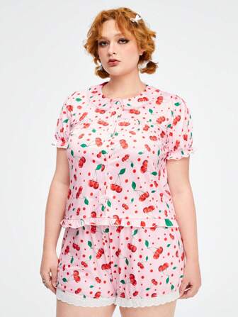 Kawaii Conjunto de pijama cómodo de talla grande con estampado de cereza, cuello con solapas, mangas abullonadas y cierre frontal