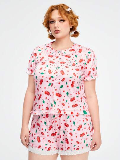 Kawaii Ensemble de pyjama grande taille confortable avec imprimé cerise, col à revers, encolure décontractée et manches bouffantes
