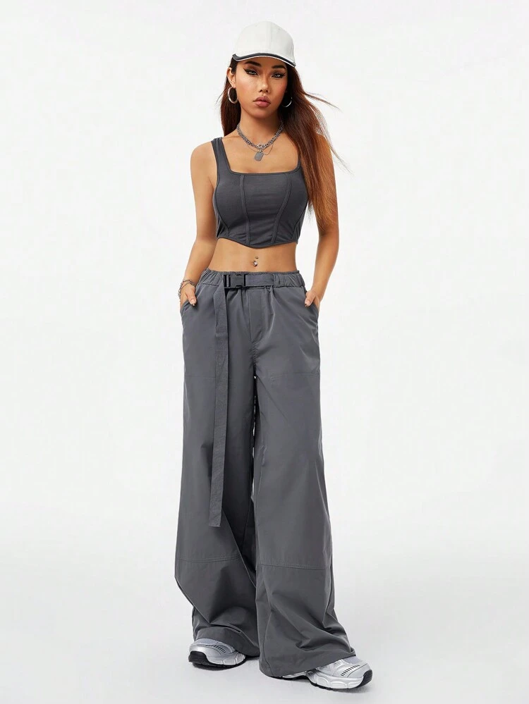 Streetwear Cool & Versatile Women's Bustier Tank Top & Low Waist Belted Cargo Pants 2 Pieces Set