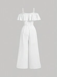 SHEIN MOD Enterizo en blanco con ribete de volantes y hombros descubiertos, romántico enterizo de pierna ancha para vacaciones en la playa en verano - Blanco - Ver 2