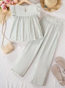 SHEIN Tween Girl Embroidered Flower Texture Striped Shirt And Long Pants Lightweight Casual Summer 2pcs Outfits