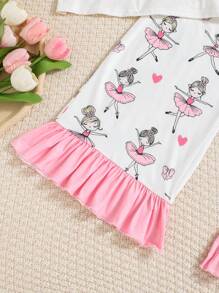SHEIN Tween Girl Ballet Dancing Printed Ruffle Hem Short Sleeve Top And Pants Pajama Set - Baby Pink - View 4