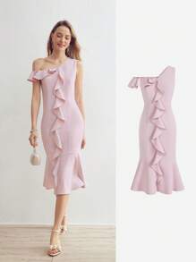 MOTF PREMIUM Women's Summer Solid Color Asymmetrical Collar Patchwork Ruffle Hem Fish Tail Long Dress - Pink - View 2