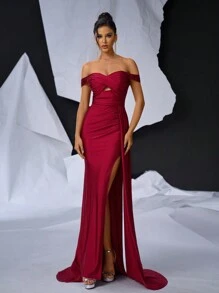 Glamrae Elegant, Gorgeous And Romantic Red Stretch Off Shoulder High Slit Fishtail Dress, Suitable For Formal Events, Bachelor Parties, Weddings And Festivals, Evening Dress, Wedding Guest Dress Party Dress,Gown