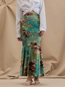 SHEIN LUNE Women's Elegant Vacation Style Flower & Letter Printed Ombre Fish-Tail Long Skirt, Summer Vacation - Multicolor - View 4