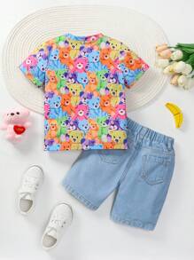 Conjunto de Camiseta Casual de Manga Curta com Estampa de Urso Jovem + Shorts em Denim Desgastado de Urso para Meninos Jovens