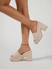 女士繩繩楔形平台涼鞋，開放式趾夾帶夏日休閒高跟拖鞋 - 杏色 - 查看 6