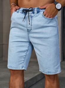 Manfinity Homme Men's Drawstring Waist Casual Bermuda Denim Shorts With Pockets Baggy Jorts Plain Light Blue Work Basic Going Out Vacation Hang Out Tropical Street - Light Wash - View 8