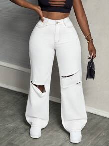 SHEIN Slayr Women's Mid-Rise Straight Leg Ripped Loose Fit Casual Jeans