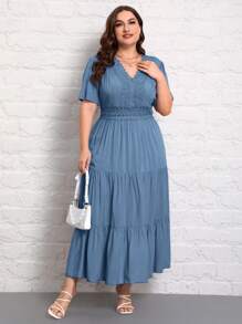 SHEIN Privé Plus Size V-Neck Elegant Lace Patchwork Long Casual Summer Holiday Short Sleeve Dress
