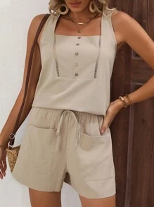 Flirla Plus Size Women's Solid Color Square Neck Tank Top And Shorts, Casual And Simple - Khaki - View 3
