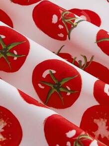 SHEIN MOD Red And White Colorblocked Tomato-Shaped Puff Sleeve V-Neck Skater Dress, Crop Length, For Spring And Summer - Multicolor - View 5