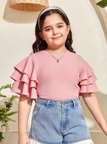 SHEIN Tween Girl Extended Size Loose Casual 3-Layer Ruffled Texture Knitted Round Neck T-Shirt
