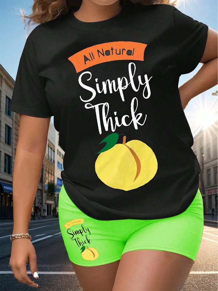 Women's Lemon Letter Print Short Sleeve T-Shirt And Shorts Set, Summer