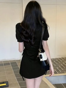 女士休闲纯色泡泡袖褶皱腰连衣裙，夏季 - 黑色 - 查看 2