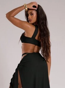 Musera Resort Twist Ruched Asymmetrical Neck Bikini Top Summer Beach Vacation Beachwear Sexy Swim Elegant Holiday Black Spring - Black - View 2