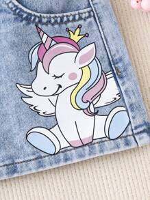 SHEIN Camiseta com efeito jeans para meninas, manga bufante rosa e saia azul com estampa de cavalo, conjunto de 2 peças