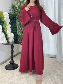 Vestido mexicano de mujer de cuello redondo, manga larga, temperamento Y2K, vestido suelto de unicolor, falda larga elegante, vestido suelto, bata de señoras musulmanas de Oriente Medio - Burdeos - Ver 1