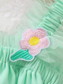 Young Girl Holiday Floral Embroidery Puff Sleeve Loose Dress With Woven Collar, Spring/Summer, Warm And Cozy