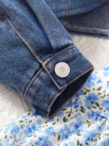 年轻女孩度假花卉印花不对称下摆吊带连衣裙和长袖牛仔夹克 2 件/套 - 彩色 - 查看 6