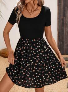 SHEIN LUNE Sommer Kurzarm AB buntfarbiges einfarbiges und Blumen Patchwork A-Linie Freizeitkleid mit U-Ausschnitt für den Urlaub