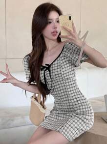 DAZY 女士优雅短款格子连衣裙，泡泡袖，收腰，夏季太阳裙，休闲女装 - 黑色 - 查看 5