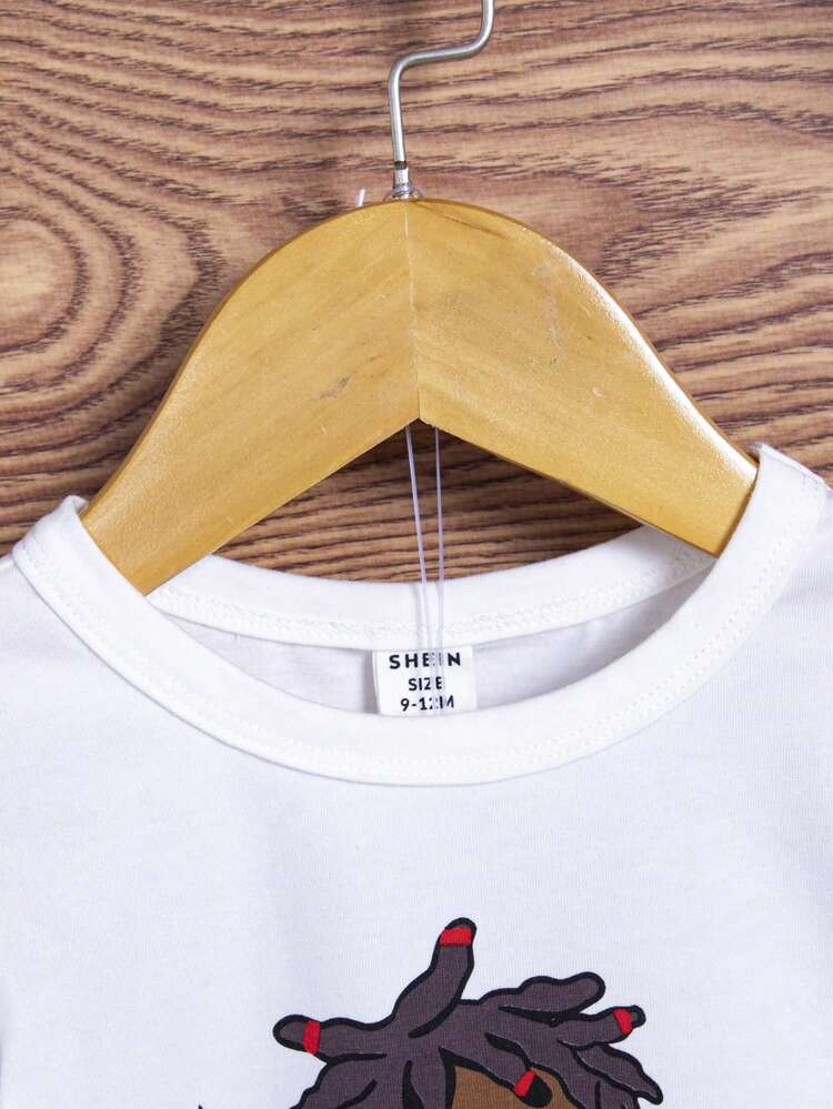 Baby Boy 2pcs/Set Casual Cartoon Printed Short-Sleeved T-Shirt And Casual Washed Straight Leg Denim Shorts Set,For Summer