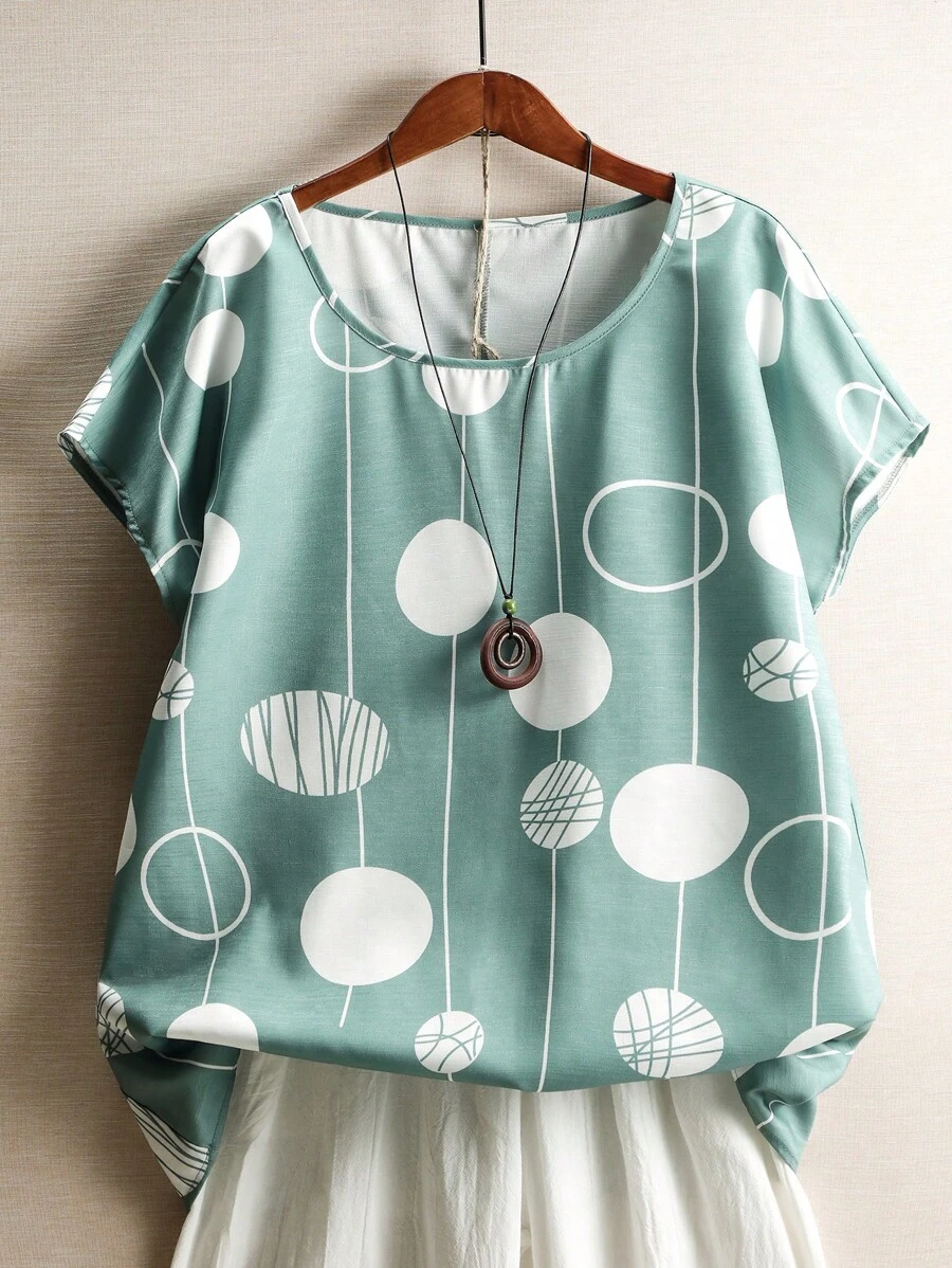 SHEIN LUNE Holiday & Leisure Circular Print Batwing Sleeve Shirt - Green - View 1