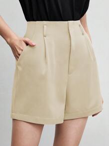 SHEIN BIZwear Ladies' Fashionable Simple Solid Color Shorts, Suitable For Daily Wear In Summer - Beige - View 6