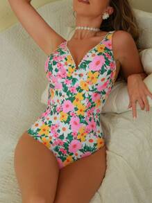 SHEIN Swim Traje de baño femenino de una pieza con estampado floral de playa para verano, atuendos a juego de mamá y yo (se venden por separado)