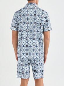 男士時尚印花短袖襯衫和短褲睡衣套裝 - 彩色 - 查看 2