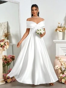 SHEIN Belle Váy cưới chữ A bằng vải satin hở vai thanh lịch Váy cưới màu trắng cho trang phục dự tiệc ngày lễ - trắng - Xem 1