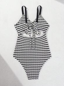 SHEIN Swim Summer Women's Striped Printed One-Piece Swimsuit - Black and White - View 7
